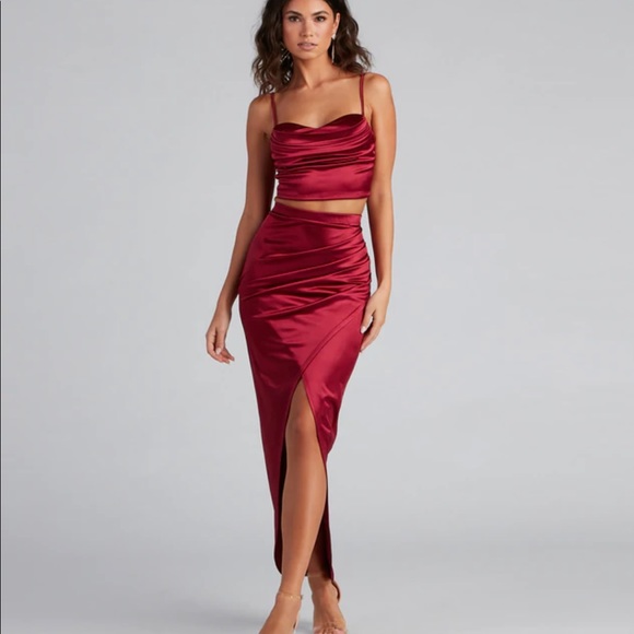 Windsor Dresses & Skirts - Windsor Maroon Red Satin Crop Top Blouse Asymmetrical Slit Wrap Midi Skirt Set
